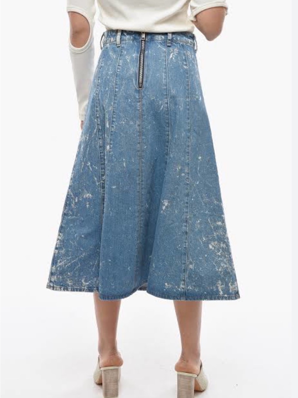 Ganni Blue Denim Midi Skirt with Paint-Splatter Detail